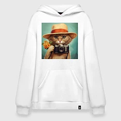 Толстовка-худи оверсайз Кот в соломенной шляпе с фотоаппаратом, цвет: белый