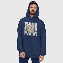 Толстовка-худи оверсайз Забавный кот и надпись Think positive, цвет: тёмно-синий — фото 2