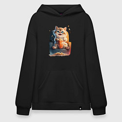 Толстовка-худи оверсайз Веселый котик с попкорном, цвет: черный