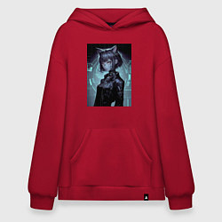 Толстовка-худи оверсайз Дикая кошка - киберпанк - нейросеть, цвет: красный