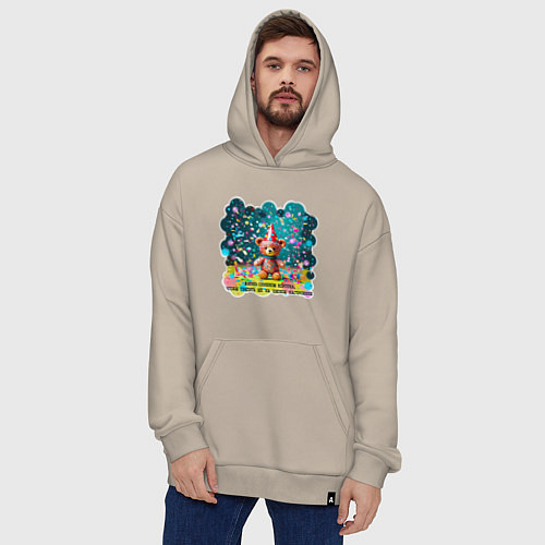 Худи оверсайз Мишка в праздничном колпаке и конфетти: жизнь слиш / Миндальный – фото 4