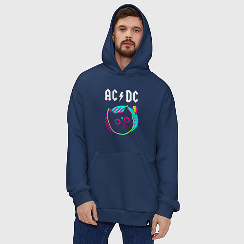 Худи оверсайз AC DC rock star cat / Тёмно-синий – фото 4