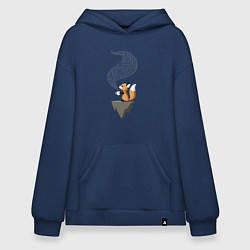 Толстовка-худи оверсайз Лиса пьет чай, цвет: тёмно-синий