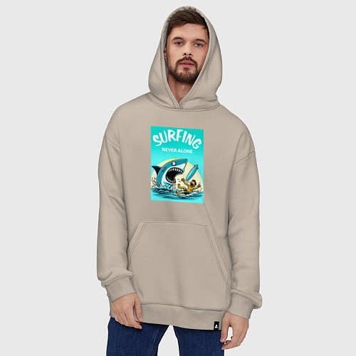 Худи оверсайз Surfing never alone - shark and surfer / Миндальный – фото 4