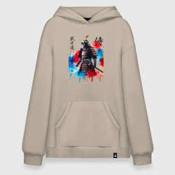 Толстовка-худи оверсайз Японский самурай - акварель, цвет: миндальный