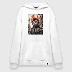 Толстовка-худи оверсайз Котяра панк из Нью-Йорка - нейросеть, цвет: белый