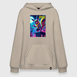 Толстовка-худи оверсайз Ужасный Пикачу на крыше небоскрёба - хэллоуин, цвет: миндальный