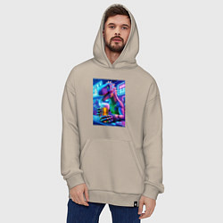 Толстовка-худи оверсайз Неоновый пивозавр за барной стойкой - нейроарт, цвет: миндальный — фото 2