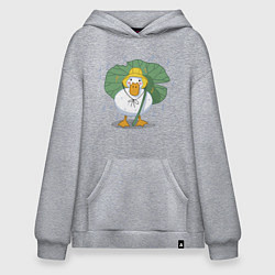 Толстовка-худи оверсайз Милая уточка гусь под листом в шляпке в дождь, цвет: меланж