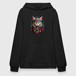 Толстовка-худи оверсайз Кот викинг, цвет: черный