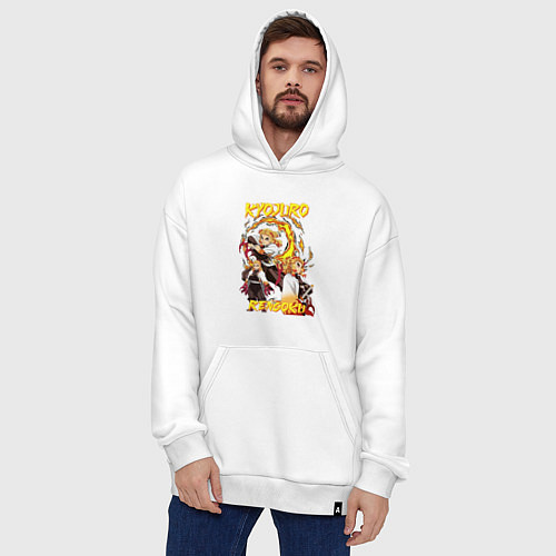 Худи оверсайз Клинок рассекающий демонов комбо Ренгоку / Белый – фото 4