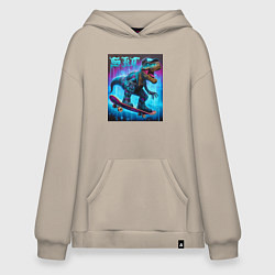 Толстовка-худи оверсайз Dude tyrannosaur on a skateboard - ai art, цвет: миндальный