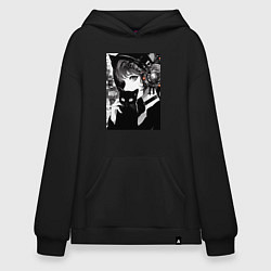 Толстовка-худи оверсайз Girl with black kitten anime - cyberpunk, цвет: черный