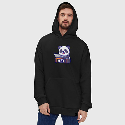Худи оверсайз Весёлая панда с ноутбуком / Черный – фото 4