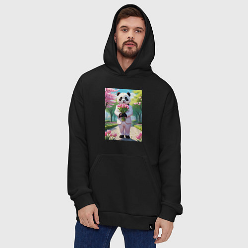 Худи оверсайз Панда с букетом тюльпанов / Черный – фото 4