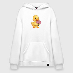 Толстовка-худи оверсайз Желтая уточка с букетом роз, цвет: белый