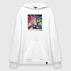 Толстовка-худи оверсайз Киборги Багз Банни и Даффи Дак из Луни Тюнз, цвет: белый