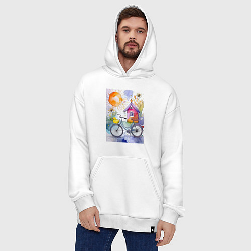 Худи оверсайз Утенок на велосипеде - акварель / Белый – фото 4