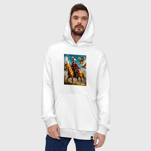 Худи оверсайз Казак на коне с совами / Белый – фото 4