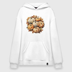 Толстовка-худи оверсайз Тыквы разные на осенних листьях акварель, цвет: белый