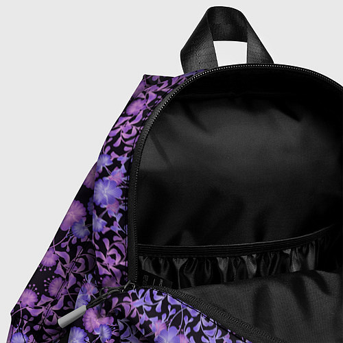 Детский рюкзак Розово-фиолетовый цветочный орнамент на черном / 3D-принт – фото 4