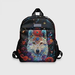 Детский рюкзак Белый волк с цветами акварелью