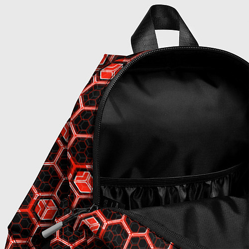 Детский рюкзак Техно-киберпанк шестиугольники красный и чёрный / 3D-принт – фото 4