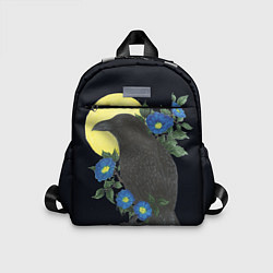 Детский рюкзак Чёрный ворон на ветке среди синих цветов под луной, цвет: 3D-принт