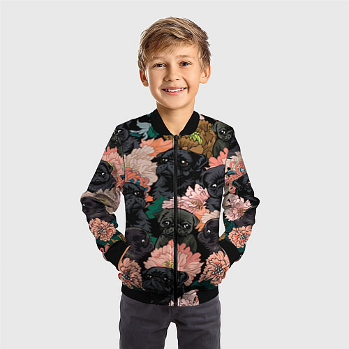 Детский бомбер Мопсы и Цветы / 3D-Черный – фото 3
