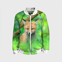 Бомбер детский Лисенок в зеленом лесу, цвет: 3D-белый