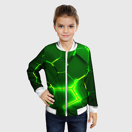 Детский бомбер 3D ПЛИТЫ НЕОН NEON GREEN HEXAGON РАЗЛОМ / 3D-Белый – фото 4