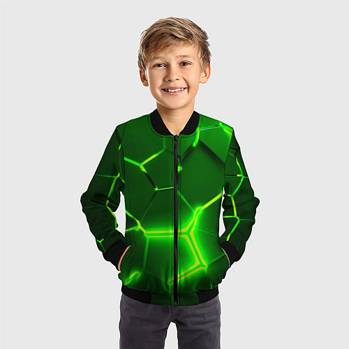 Детский бомбер 3D ПЛИТЫ НЕОН NEON GREEN HEXAGON РАЗЛОМ / 3D-Черный – фото 3