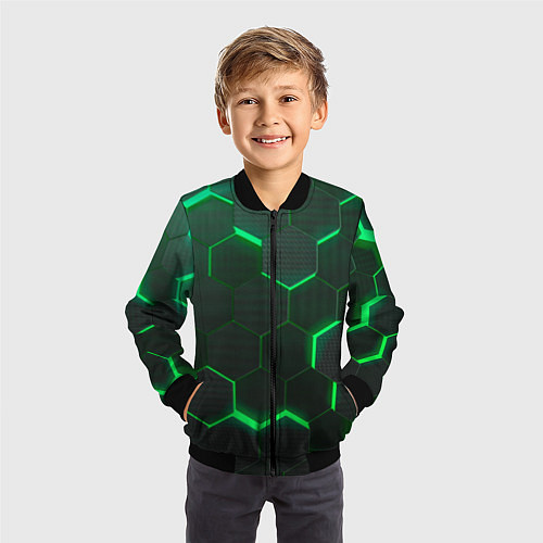 Детский бомбер Неоновые соты - Green / 3D-Черный – фото 3
