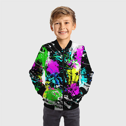 Детский бомбер Разноцветные пятна краски на черном фоне / 3D-Черный – фото 3