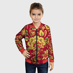 Бомбер детский Хохломская Роспись Цветы На красном Фоне, цвет: 3D-красный — фото 2