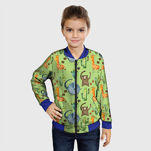 Детский бомбер Африканские животные - слон обезьянка жираф / 3D-Синий – фото 4