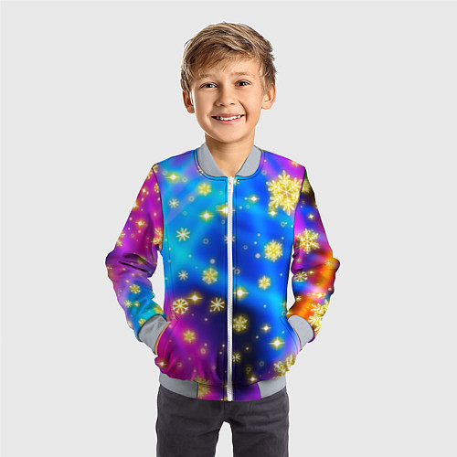 Детский бомбер Снежинки и звезды - яркие цвета / 3D-Серый – фото 3