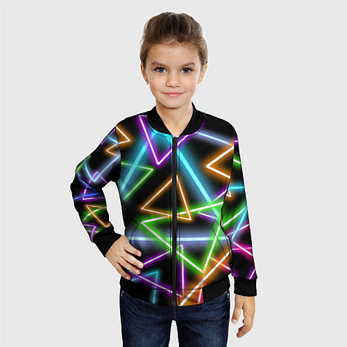 Детский бомбер Неоновые треугольники - текстура / 3D-Черный – фото 4