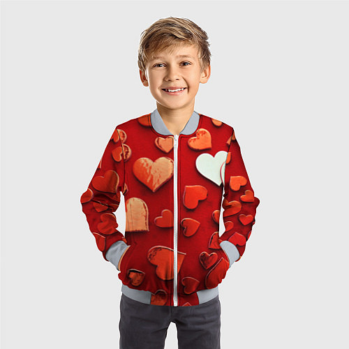 Детский бомбер Красные сердца на красном фоне / 3D-Серый – фото 3