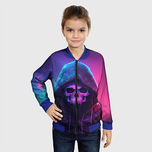 Детский бомбер Неоновый череп в капюшоне / 3D-Синий – фото 4