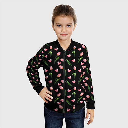 Детский бомбер Тюльпаны и сердечки на черном - паттерн / 3D-Черный – фото 4