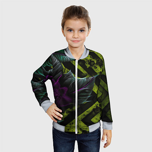 Детский бомбер Фиолетовый цветок и зеленые абстрактные листья / 3D-Серый – фото 4