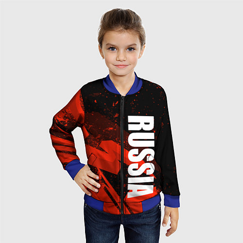 Детский бомбер Russia - белая надпись на красных брызгах / 3D-Синий – фото 4