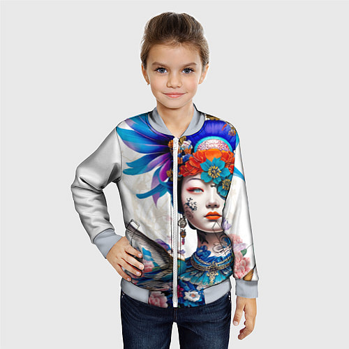 Детский бомбер Japanese girl - irezumi - tattoo / 3D-Серый – фото 4