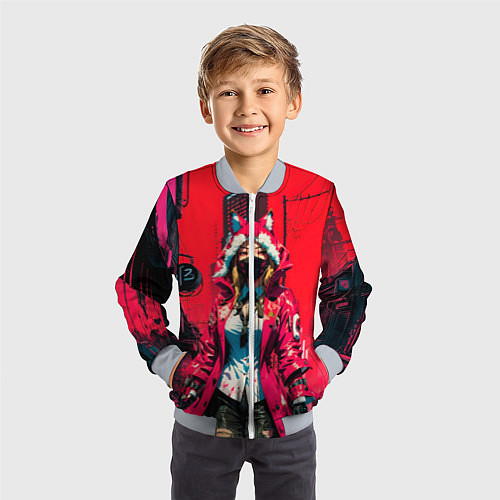 Детский бомбер Девушка-лиса кицунэ / 3D-Серый – фото 3