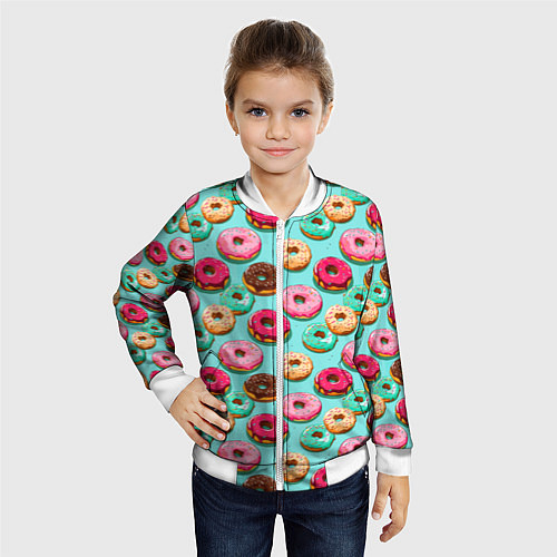 Детский бомбер Разноцветные пончики паттерн / 3D-Белый – фото 4