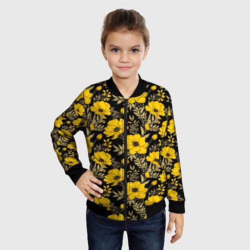 Детский бомбер Желтые цветы на черном фоне паттерн / 3D-Черный – фото 4