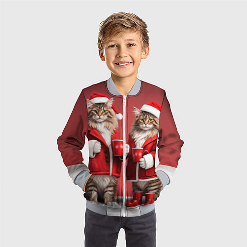 Детский бомбер С новым котом - два кота в костюмах Санты / 3D-Серый – фото 3