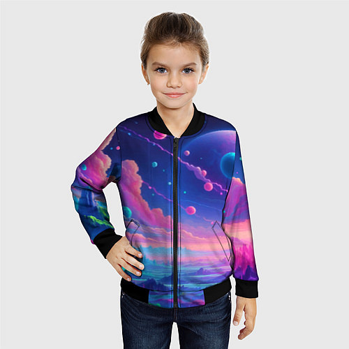 Детский бомбер Fantastic space landscape - neon glow / 3D-Черный – фото 4