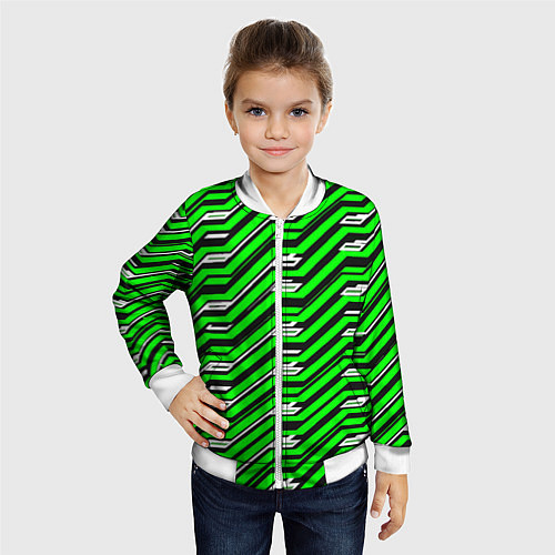Детский бомбер Чёрно-зелёный линейный узор киберпанк / 3D-Белый – фото 4